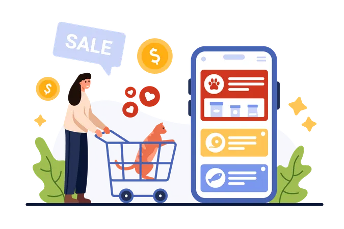 Online Pet Shop Mobile App Tiny Woman Carrying Cat In Shopping Cart To Buy Food Or Toys Purchases Electronic Store Selling Category Of Pet Products On Phone Screen Cartoon Vector Illustration 일러스트레이션