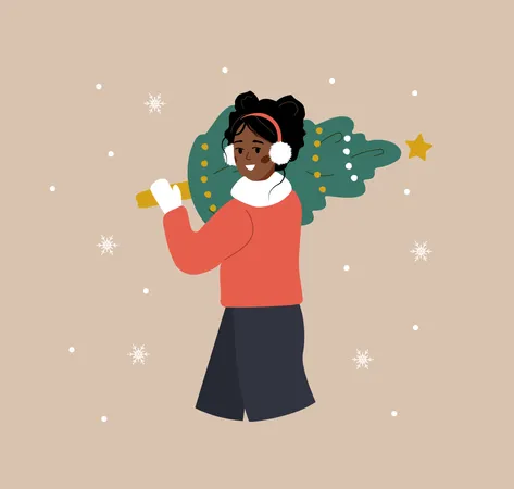 Woman carrying Christmas tree  Illustration