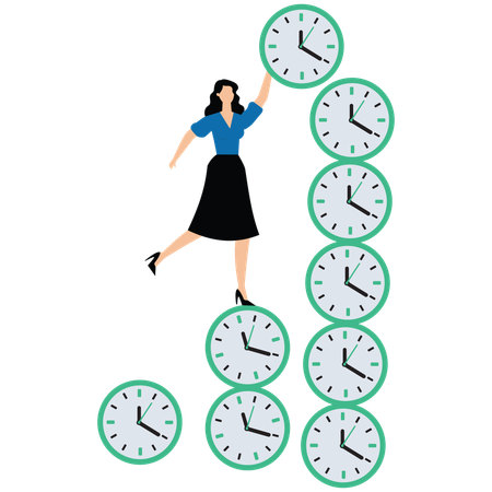 Woman carrying clocks climbing rock stacked clocks  Illustration