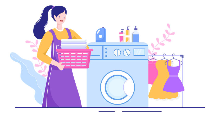 Woman carrying clothes for cleaning  Illustration