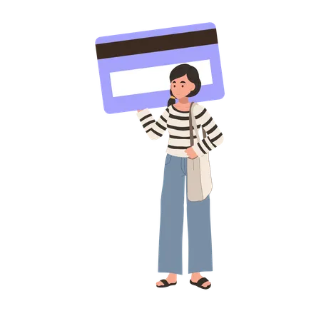 Cashless Payment Concept Online Shopping Woman With Large Credit Card For Easy Transactions Illustration