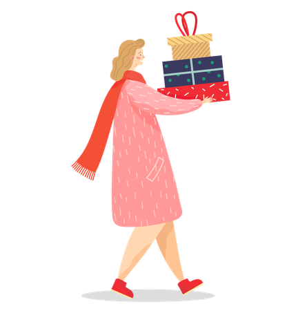 Woman Carrying Gift on Christmas  イラスト
