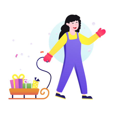 Woman carrying gift sleigh Illustration