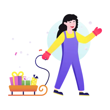 Woman carrying gift sleigh  Illustration