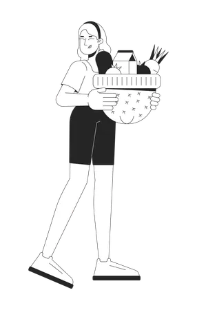 Woman carrying hat with food products  Illustration