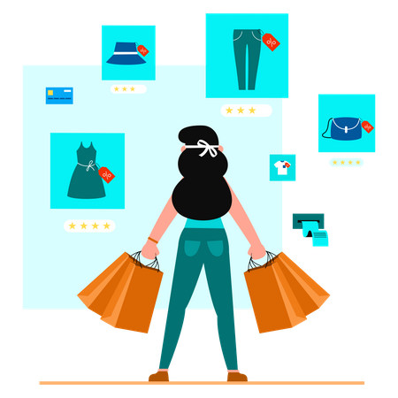Woman carrying many paper bags after shopping Illustration