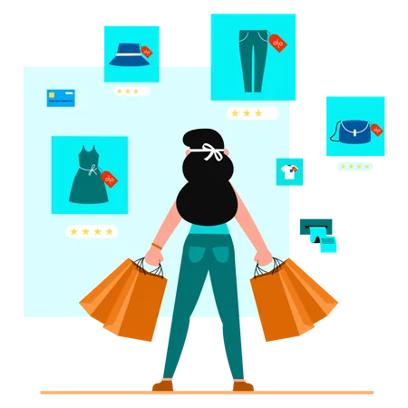 Woman carrying many paper bags after shopping  Illustration