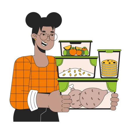 Carrying Meal Prep Containers Line Cartoon Flat Illustration Black Woman 2 D Lineart Character Isolated On White Background Energy Efficient Cooking Saving Energy At Home Scene Vector Color Image Illustration