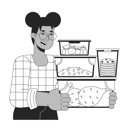 Carrying Meal Prep Containers Black And White Cartoon Flat Illustration Black Woman 2 D Lineart Character Isolated Energy Efficient Cooking Saving Energy At Home Monochrome Vector Outline Image Illustration