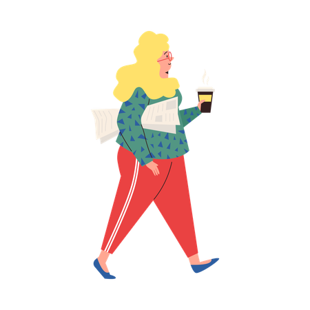 Woman carrying newspaper and coffee  Illustration
