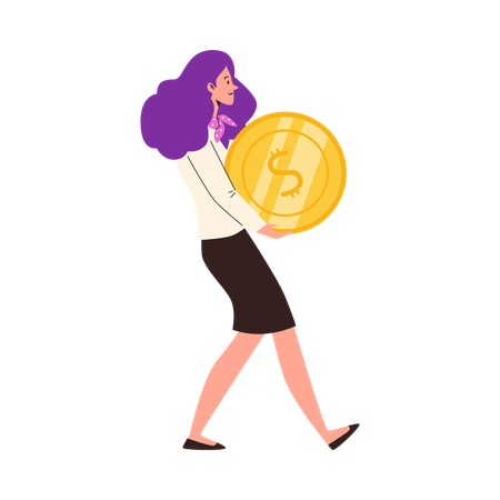 Woman carrying oversize gold coin  Illustration