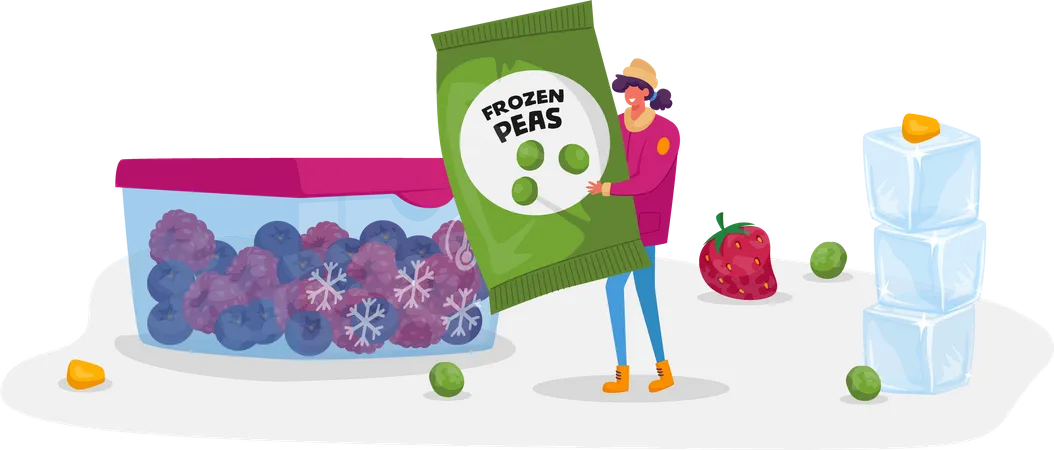 Woman carrying pack of frozen peas Illustration