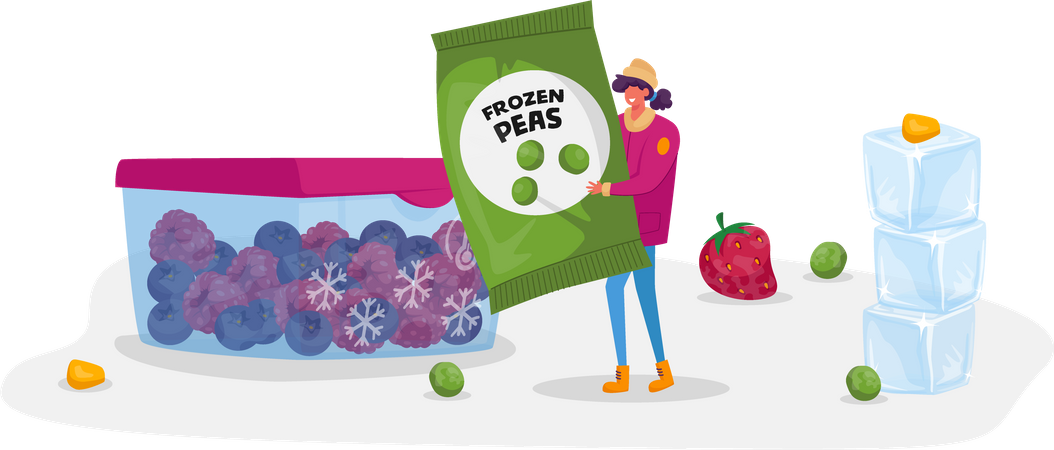 Woman carrying pack of frozen peas  Illustration