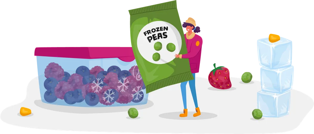 Woman carrying pack of frozen peas  Illustration