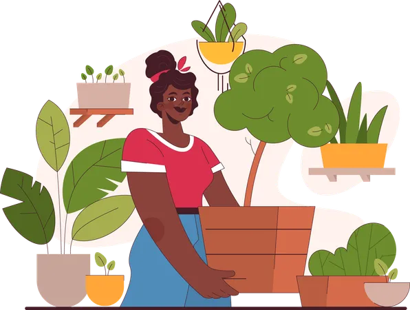 Woman carrying plant pot for house garden  イラスト