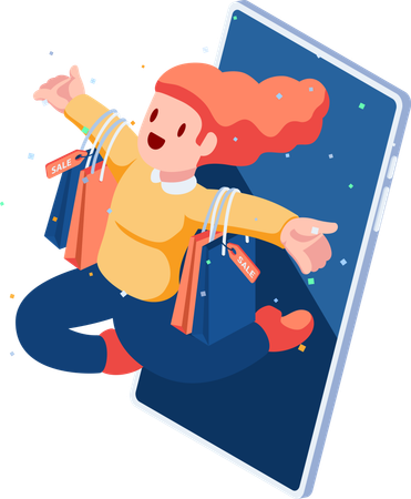 Woman Carrying Shopping Bags Come Out from Smartphone  Illustration