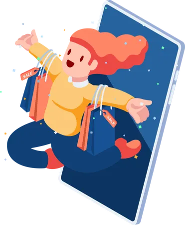 Woman Carrying Shopping Bags Come Out from Smartphone  Illustration