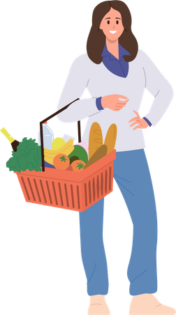 Woman carrying shopping basket  イラスト