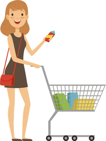 Woman carrying shopping trolley Illustration