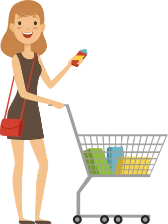 Woman carrying shopping trolley  Illustration