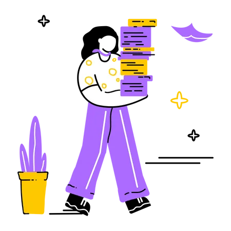 Woman carrying stack of papers Illustration