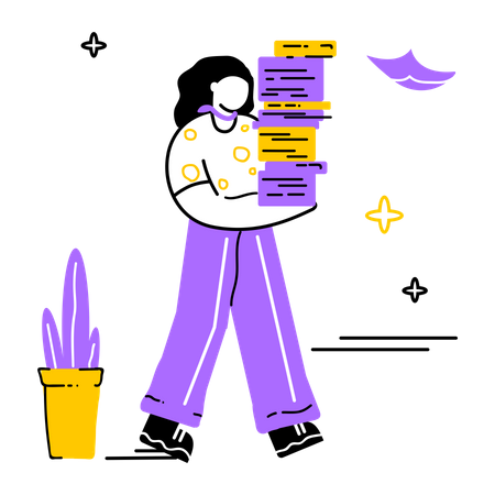 Woman carrying stack of papers  Illustration