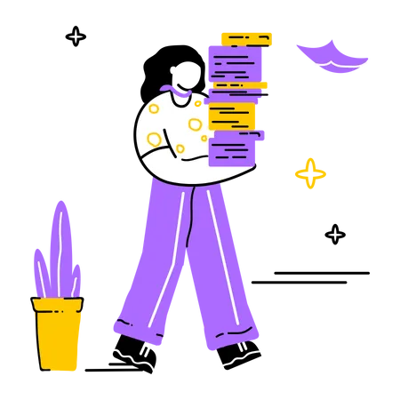 Woman carrying stack of papers  Illustration