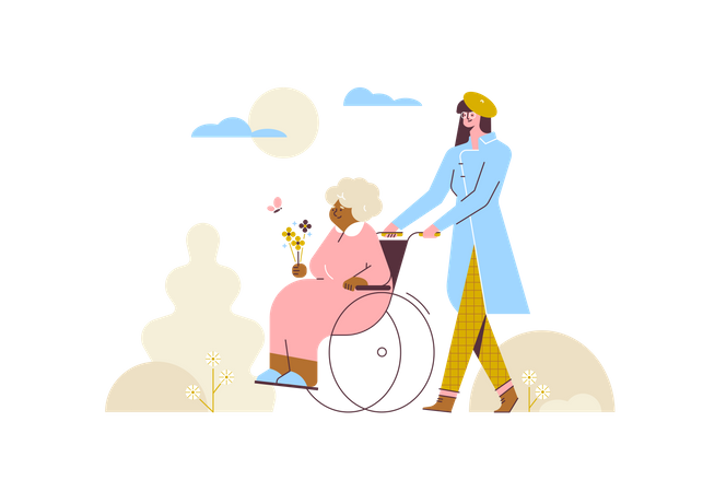 Woman carrying woman on wheelchair Illustration