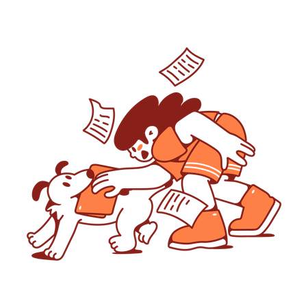 Woman catches dog with folder and files  Illustration