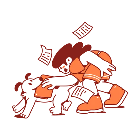 Woman catches dog with folder and files  Illustration