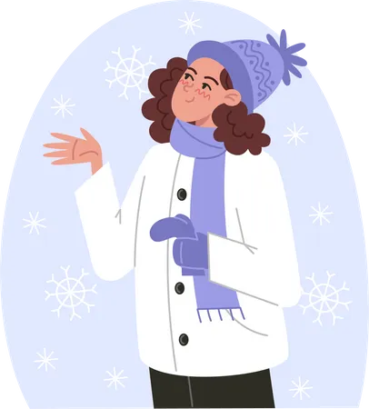 Woman Catches Snowflakes With Her Hand In Winter Flat Style Illustration Illustration