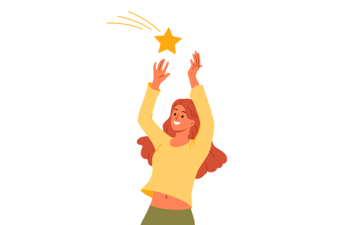 Woman catching star falling from sky and makes wish to become rich  Illustration