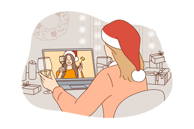Woman celebrate Christmas with friend  Illustration