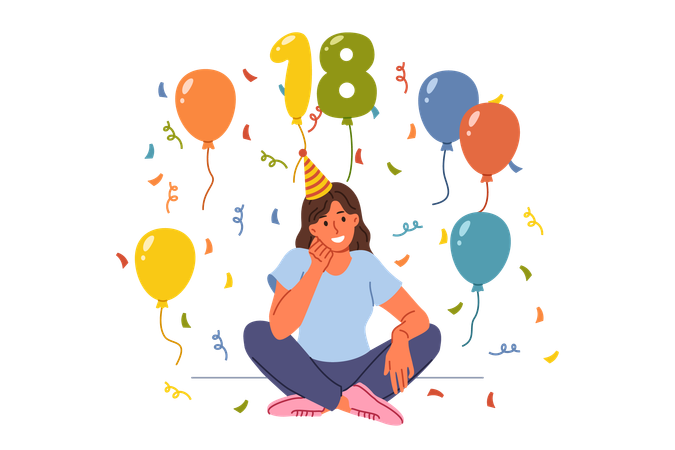 Woman celebrates 18th birthday proud reaching adulthood and sits on floor among candy and balloons  Illustration