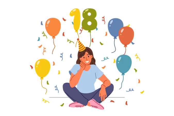 Woman celebrates 18th birthday proud reaching adulthood and sits on floor among candy and balloons  Illustration