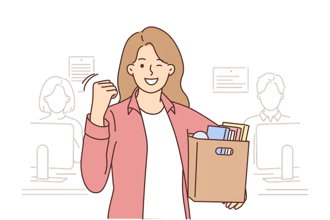 Woman Celebrates Dismissal By Standing In Office With Cardboard Box Filled With Personal Items Dismissed Girl Smiles Makes Victory Gesture Rejoicing At Dismissal And Opportunity To Change Profession Illustration