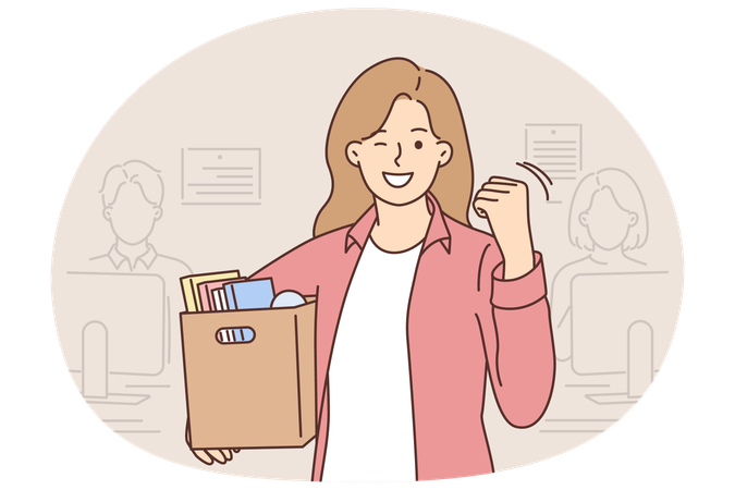 女性が私物を詰めた段ボール箱を持ってオフィスに立って解雇を祝う  イラスト