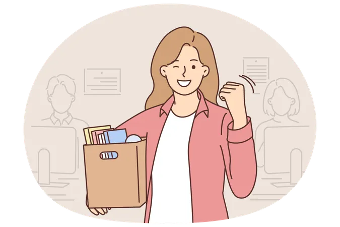 女性が私物を詰めた段ボール箱を持ってオフィスに立って解雇を祝う  イラスト