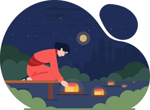 Woman celebrates Full moon night  Illustration