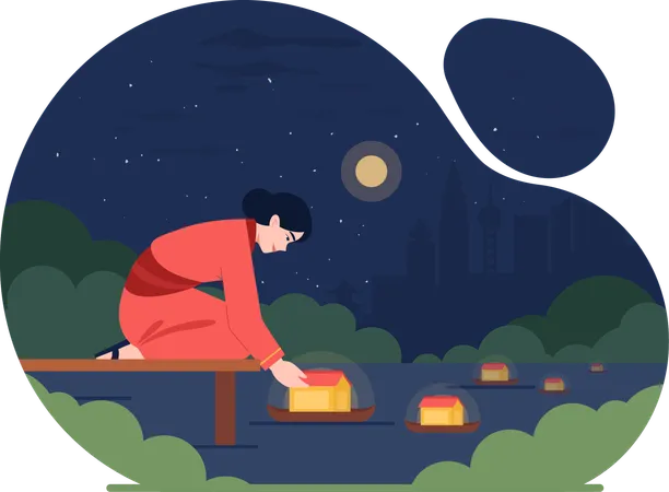 Woman celebrates Full moon night  Illustration