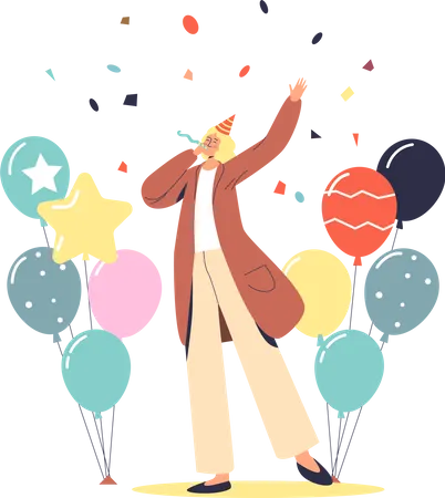 Young Woman Celebrating Birthday Or Holiday Event With Confetti And Colorful Balloons Wearing Cone Hat Festive Event Celebration Concept Flat Vector Illustration Illustration