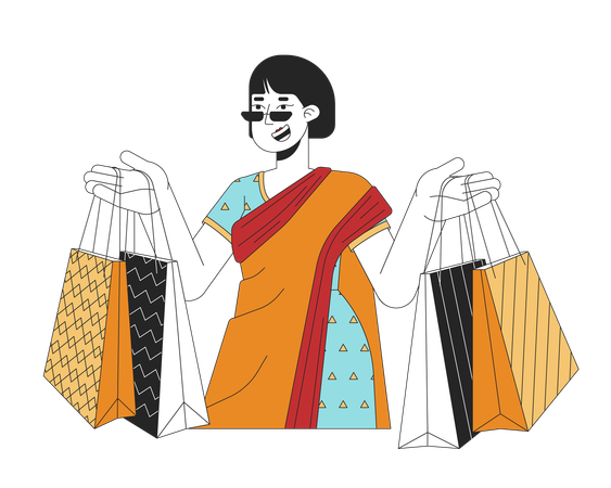 Woman celebrating Diwali with gift bags  イラスト