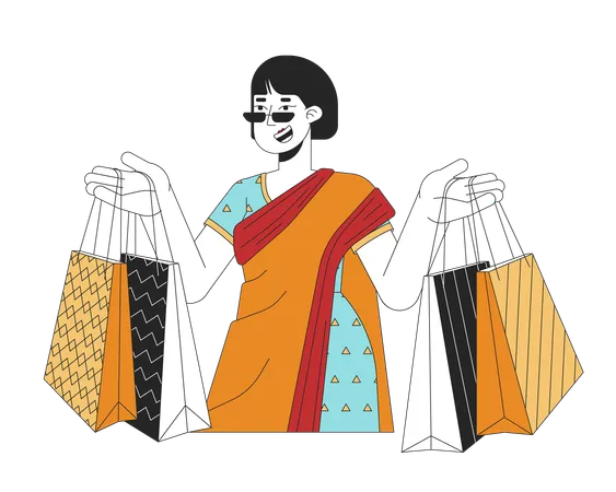Korean Woman Celebrating Diwali With Gift Bags 2 D Linear Cartoon Character Happy Lady Isolated Line Vector Person White Background Hindu Festival Of Lights Deepawali Color Flat Spot Illustration Illustration