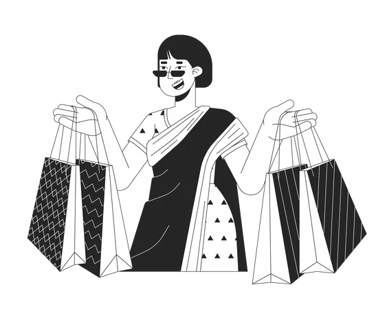 Korean Woman Celebrating Diwali With Gift Bags Black And White 2 D Line Cartoon Character Happy Lady Isolated Vector Outline Person Hindu Festival Deepawali Monochromatic Flat Spot Illustration Illustration