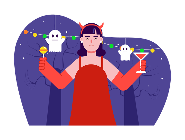 Woman Celebrating Halloween Party  Illustration