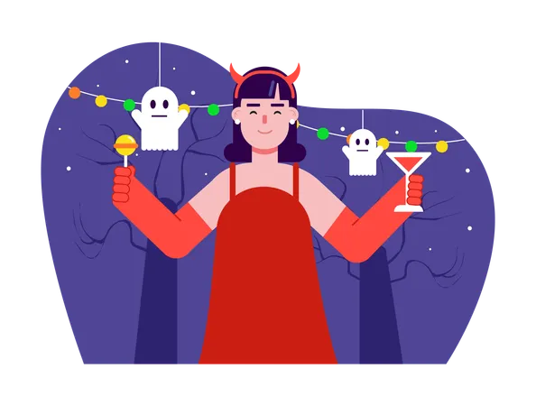 Woman Celebrating Halloween Party  Illustration