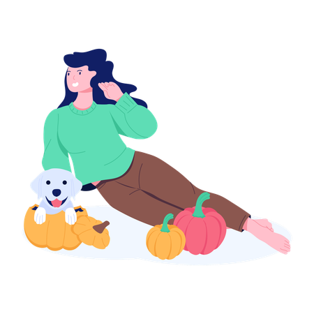 Woman celebrating Thanksgiving Day with dog  Illustration