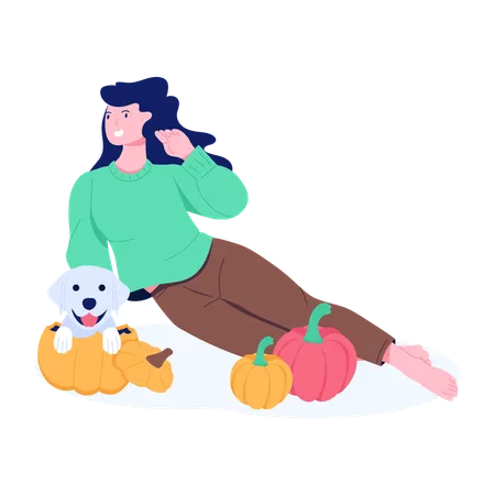 Woman celebrating Thanksgiving Day with dog  Illustration