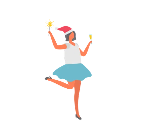 Woman In Blue Skirt Holds Glass Of White Wine Santa Claus Hat On Head Vector Female Isolated Icon With Firework Sparkler Item Girl Celebrating Xmas Illustration