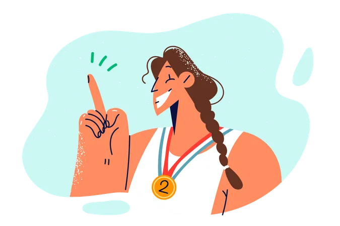 Woman Champion With Medal For Second Place Points Finger Up And Smiles Rejoicing At Triumph In Sports Tournament Sportswoman With Medal For Achievements In Championship Recommends Playing Sports Illustration